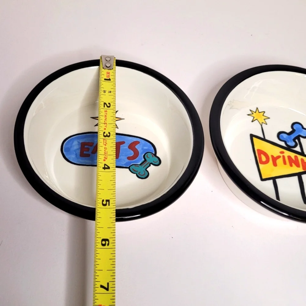 EAT and DRINK Set of 2 Ceramic Pet Food Bowls Handpainted Diner Decor Vibes RARE
